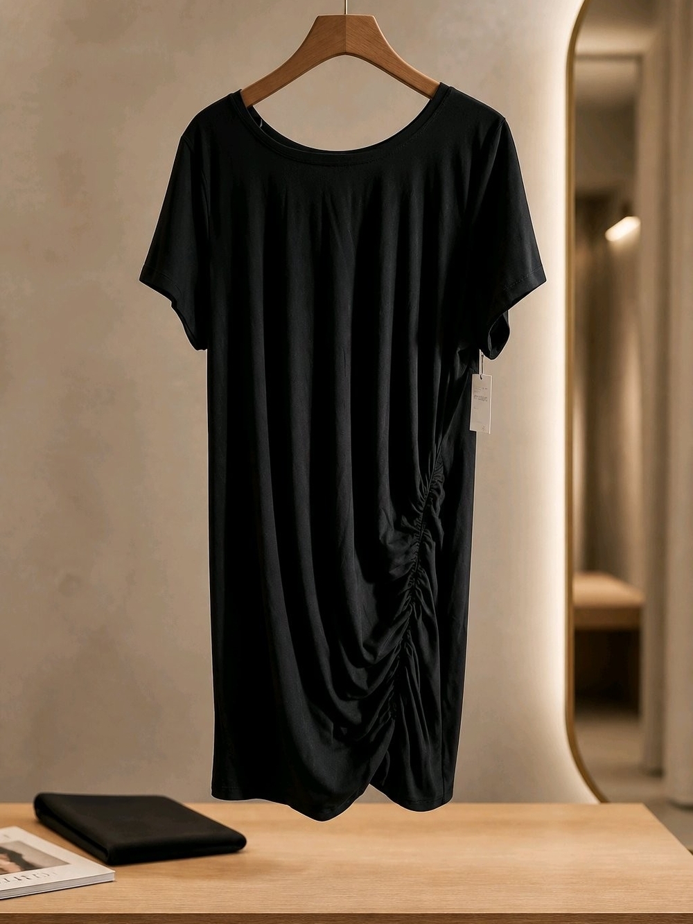 Susina Black Ruched-Side Short Sleeve Mini Dress